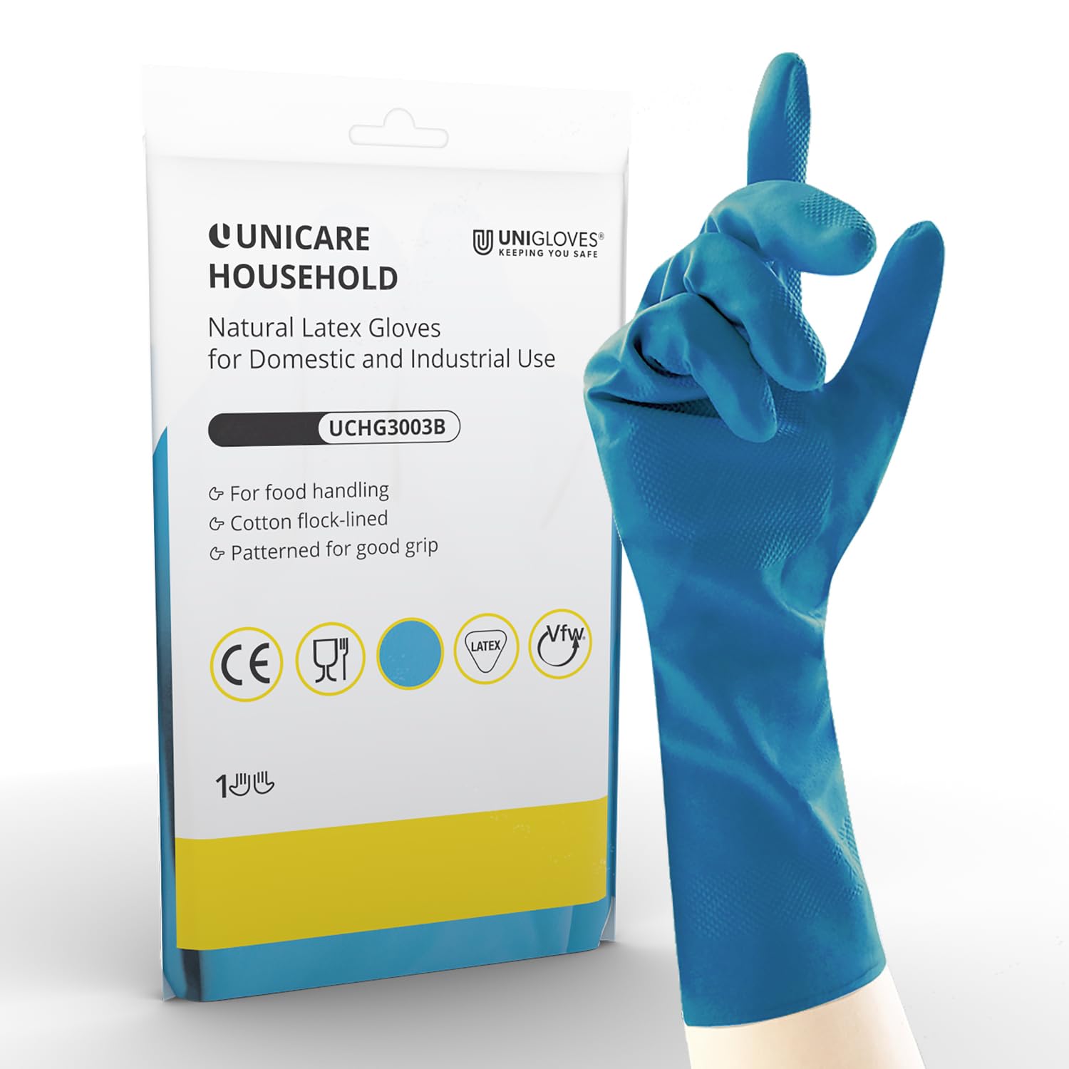 Unigloves Unicare UGHG3004B Household Gloves - Powder Free, Reusable Latex Gloves, 1 Pair, Blue, Large