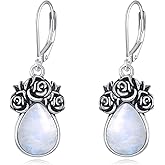 MILKYX Genuine Moonstone Rose Earrings for Women, 925 Sterling Silver Dainty Teardrop Dangling Earrings Vintage Healing Rainbow Gemstone Jewelry for Rose lover
