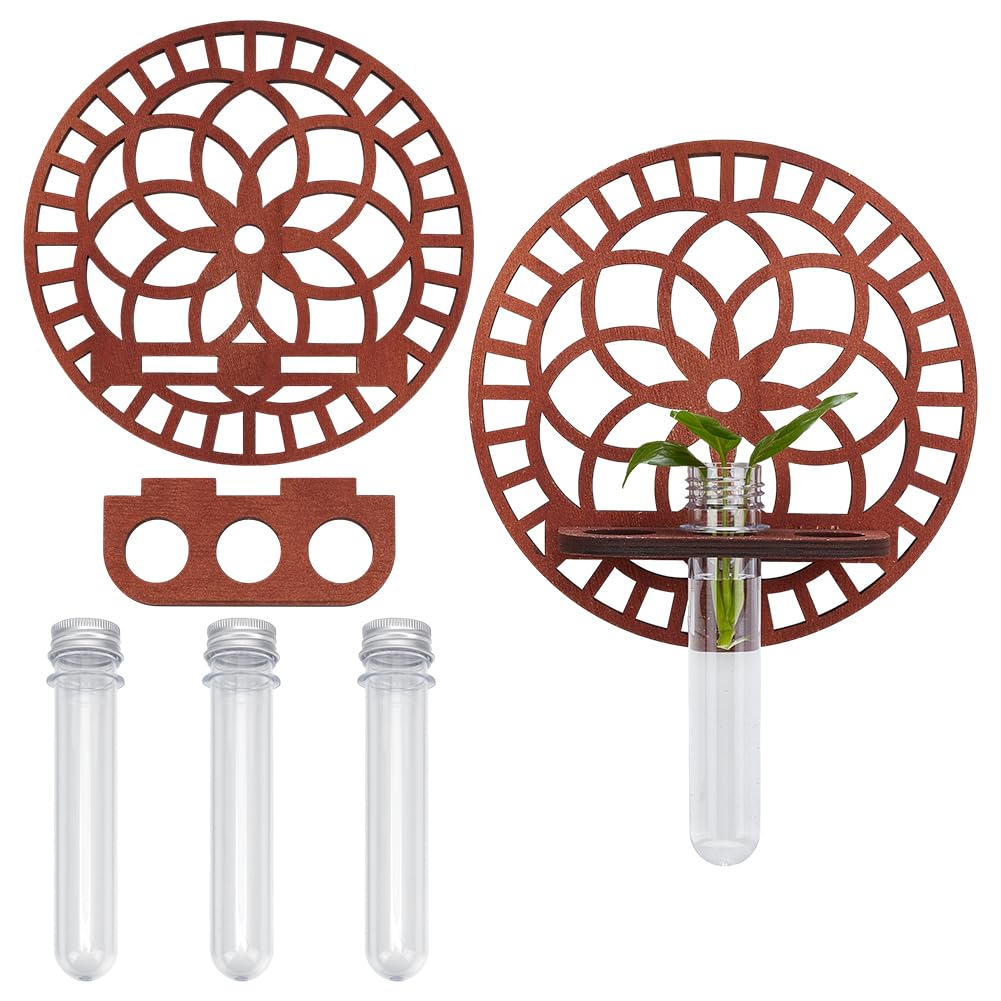 MAYJOYDIY Wood Round Vintage Flower Foral Wall Propagation Station Hanging Plant Holder Decorative Wall Hanging Planter Terrarium 3 Test Tube Propogation Vase for Home Office Decor