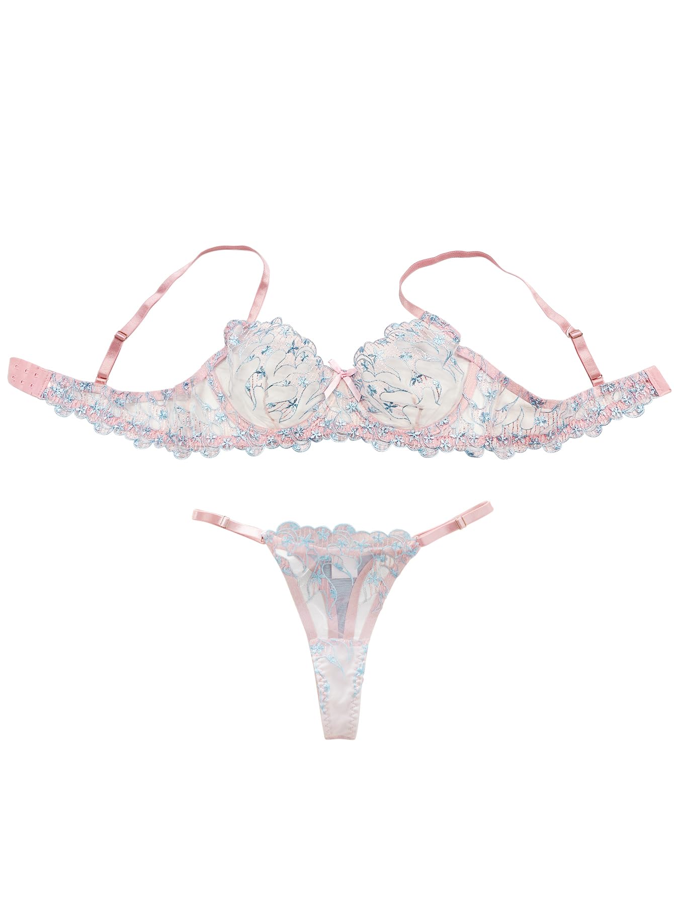 Photo 1 of Lilosy Sexy Leaf Floral Embroidered Mesh Sheer Women Underwire Push Up Lingerie Set See Through Cute Bra Panty 2 Piece Flower Pink Blue Large