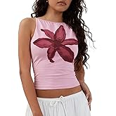 Cioatin Women Cute Yellow Floral Print Crop Tank Tops Sleeveless Slim Fit Cotton Y2K Aesthetic Preppy Summer Cami Outfit