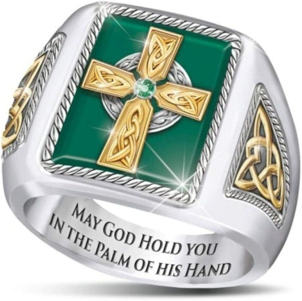 XRRRO Irish Celtic Blessing Ring Cross Emerald Green Ring MaleMale
