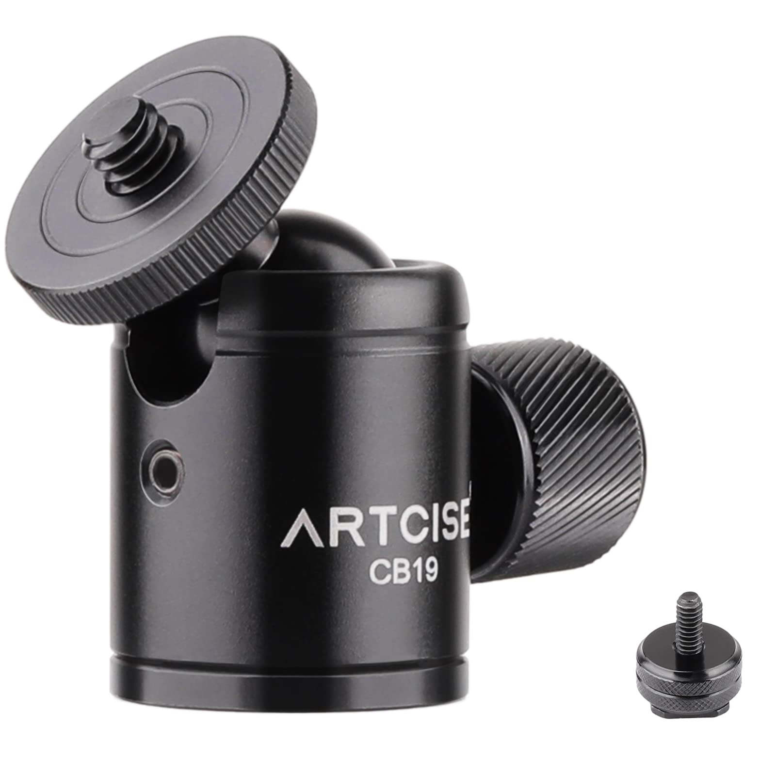 Mini Ball Head ARTCISE CB19 Tripod Ball Head with Removable 1/4 Hot Shoe Adapter, 360 Rotating CNC Panoramic Ball Camera Mount for Smart Phone/DLSR Camera/Flash Light/Monitor, Max Load 6.61lb/3kg