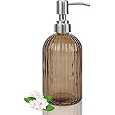 14Oz Brown Soap Dispenser Bathroom, Clear Glass Hand Soap Dispensers with Stainless Steel Pump, Refillable Dish Soap Dispenser for Kitchen, Countertop Soap Dispensers