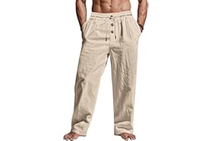 TRFIC ‌Men's Linen Pants Lightweight Drawstring Elastic Waist Pockets Loose Fit Straight Legs Summer Beach Yoga