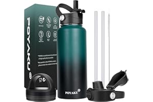 POYAKU Water Bottle Insulated 32oz 40oz 64oz 128oz Straw Lid Spout Lid & 3 Lids, Leak Proof, Vacuum Insulated,Stainless Steel Water Bottle Wide Mouth for Sports, Gym or Office