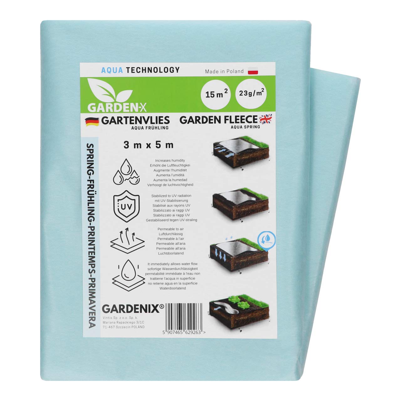 GARDENIX® 15 m² Spring Fleece for Plants - Frost Plant Protection - UV stabilised - Tear-Resistant and High Water permeability - Cover From Birds and Insects (3m x 5m)