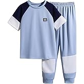 Axumity 6-12 Years Kid Boys Clothes Outfits Casual Crew Neck Colorblock Short Sleeve Top Fall Pants Set