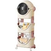 UNICOO Kids Toy Storage Organizer, 3-Tier Rolling Spaceman Cart, Pink/White | Stackable Plastic Toy Organizer with Wheels and Covered Top Storage for Kids Playroom, Bedroom or Nursery