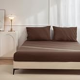 JIYUAN Queen Fitted Sheet 1Pc, 100% Washed Cotton, Deep Pocket 17" | soft linen-like feel, breathable for all seasons, 360-degree elastic band, easy care machine wash, Solid Chocolate Brown
