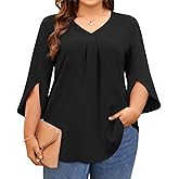 Aodemo Womens Plus Size Tops 3/4 Sleeve Dressy Chiffon Blouse Summer Work Tunic Casual Flowy Shirt M-5XL