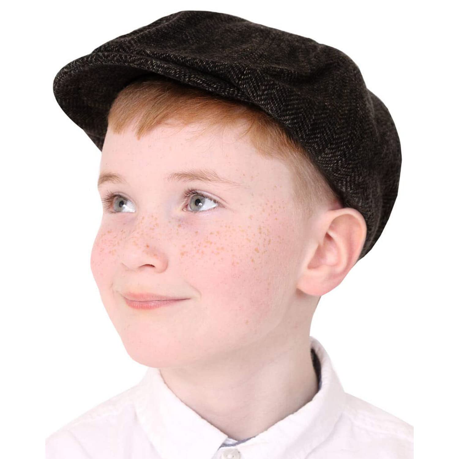 Kids Flat Cap Accessory - Pack of 1 - Black Newsboy Hat with Herringbone Pattern - Boys Girls Childs Victorian School Play World Book Day Fancy Dress Costume Accessory