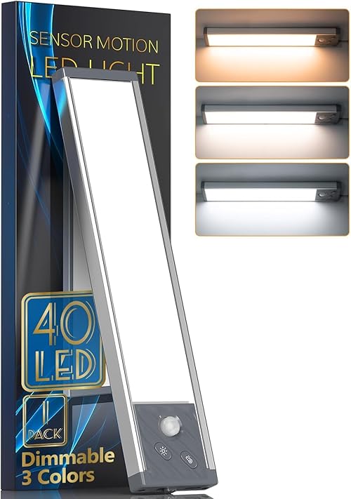 HIBOITEC Dimmable ＆ 3 Color Under Cabinet Kitchen Lights, 40LED Brighter Motion Sensor Cupboard Lights, USB-C Rechargeable Cupboard Lamp, Wireless Magnetic ＆ Hanging Design Cabinet Lamp for Wardrobe