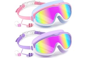 COOLOO 2 Pack Kids Goggles 4-14, Wide View Kids Swim Goggles, Anti-fog & Anti-UV Swimming Goggles Kids for Girls Boys