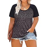 CARCOS Plus Size Tops for Women Short Sleeve Raglan Striped Tee Color Block Crewneck/V Neck Tunic Loose Fit Summer XL-5XL