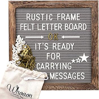Rustic Wood Frame Gray Felt Letter Board 10x10 inches. Pre-Cut White & Gold Letters, Symbols, Emojis, Simple Cursive Words + 2 Letter Bags, Scissors, Vintage Stand. by whoaon