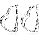 Teppdfann Silver Heart Hoop Earrings for Women - Big Double Wire Love Earrings Valentine's Day Heart Jewelry for Gift