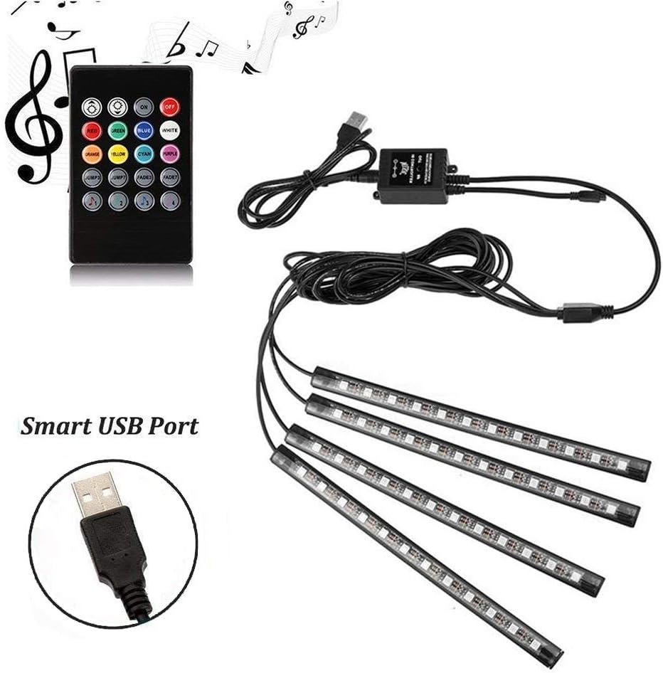 AMMON 4 Piece Car LED Strip Lights Multicolor 24 LED Music Car Interior Atmosphere Lights with Smart USB Port Wireless Remote Control LED Strip for Car TV Home with Sound Active Function
