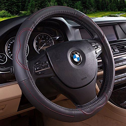 DIXIUZA Genuine Leather Car Steering Wheel Cover Fits 38cm/15 inch Auto Protector Breathable Anti Slip Skidproof - Black&red