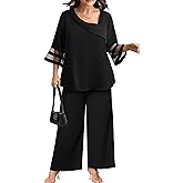 AOVDE Plus Size Pant Suits 2 Piece Casual Dressy Pantsuits Mesh Panel Bell Sleeve Outfits for Women Evening Dinner Party