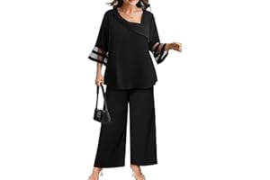 AOVDE Plus Size Pant Suits 2 Piece Casual Dressy Pantsuits Mesh Panel Bell Sleeve Outfits for Women Evening Dinner Party