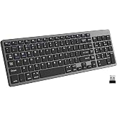 Ultra Slim Wireless Bluetooth Keyboard Rechargeable (2.4G+BT) Quiet Typing | Full Size Keyboard, 4-Device Free Switching,for PC/Laptop/Smart TV/IPad/Phone,12 Multimedia Keys, Black Aluminum