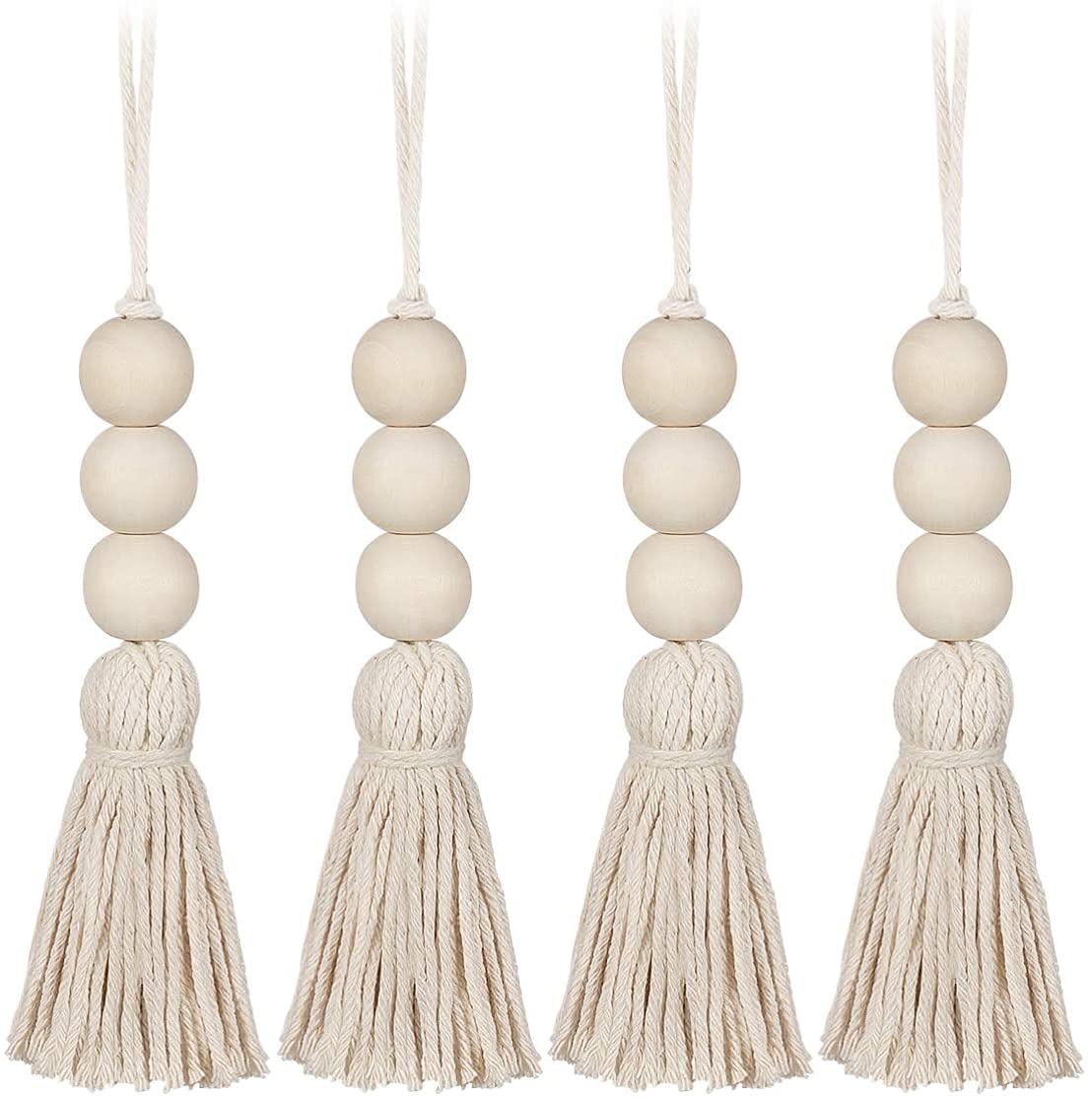 LATRAT Wooden Tassel Beads Ornament, 4 Pieces Decorative Wall Door Handle Tassel Bead Pendant for Cabinet, Bohemian Style Home Decor, Pompom Bead, Gift for Country House, Christmas