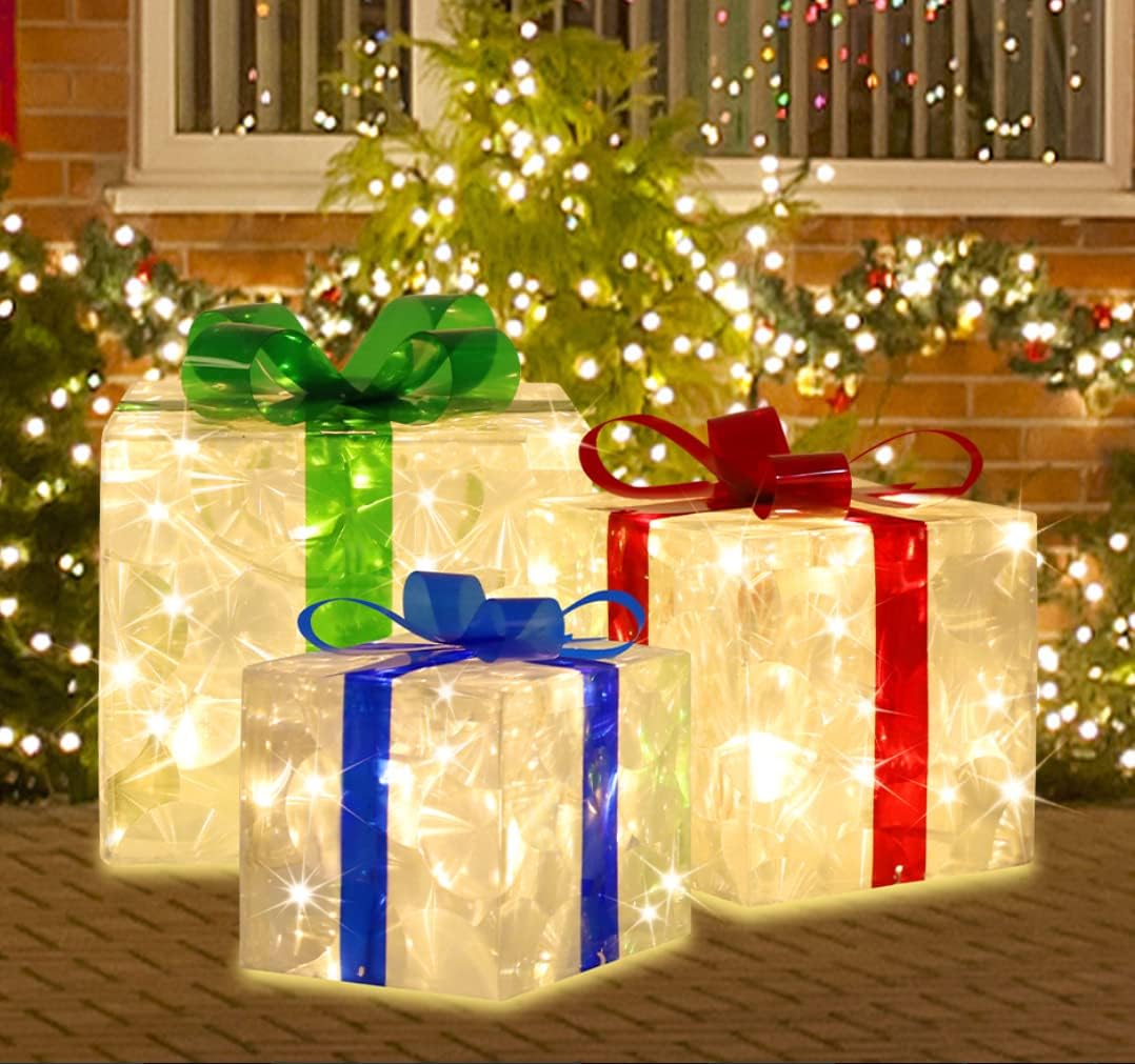 Bows & Ribbons - LAMPHOME 70 LED Christmas Set of 3 Lighted Gift Boxes Decorations,Warm White Lights with Flasher,Pathway Decorative Boxes, Christmas Tree Skirt Ornament for Garden,Holiday,Party,Christmas