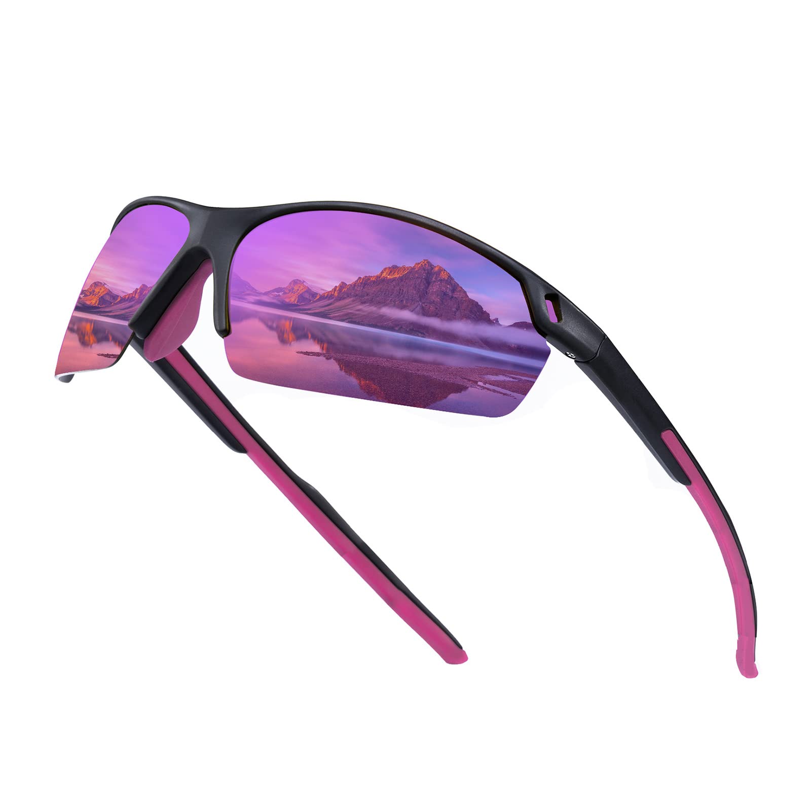 SKYWAY Polarized Sunglasses Women Men,Wrap-Around Sports Sunglasses for Cycling Running Fishing Baseball UV Protection SS8006 (Black Frame/Purple Lens)