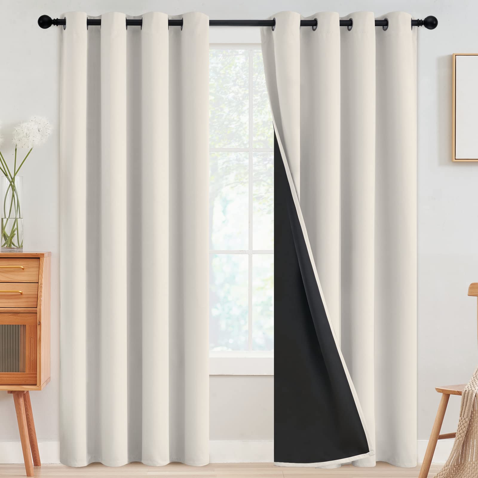 Photo 1 of SimpleHome 100% Blackout Curtains for Bedroom,Thermal Insulated Cream Grommet Window Drapes Room Darkening Curtains for Living Room with Black Back,52 x 90 Inch,2 Panels