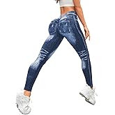 BYNNIC V Back Faux Denim Jeggings for Women Butt Lifting Tummy Control High Waisted Jeans Yoga Pants Scrunch Leggings