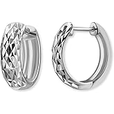 Sterling Silver Diamond-Cut Ear Cuff Hinged Huggie Small Hoop Earrings for Women, 15mm Diameter