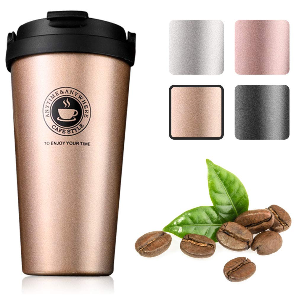 Gresunny 500ML Insulated Coffee Cups Double Walled Travel Mug Vacuum Insulation Stainless Steel Car Coffee Mug with Leakproof Lid Reusable Thermal Cup for Hot Cold Drinks Coffee Tea Beer