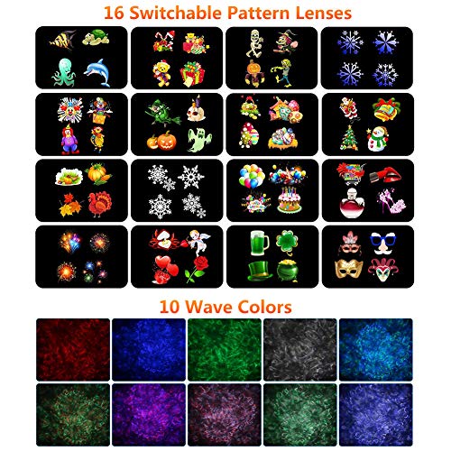PRYMAX ã€2019 Upgrade Holiday Lights Projector, Holiday Decorations Lights 2 in 1 Ocean Wave with Moving Patterns LED Landscape Lights with RF Remote Waterproof for Party, Garden,16 Slides 10 Color
