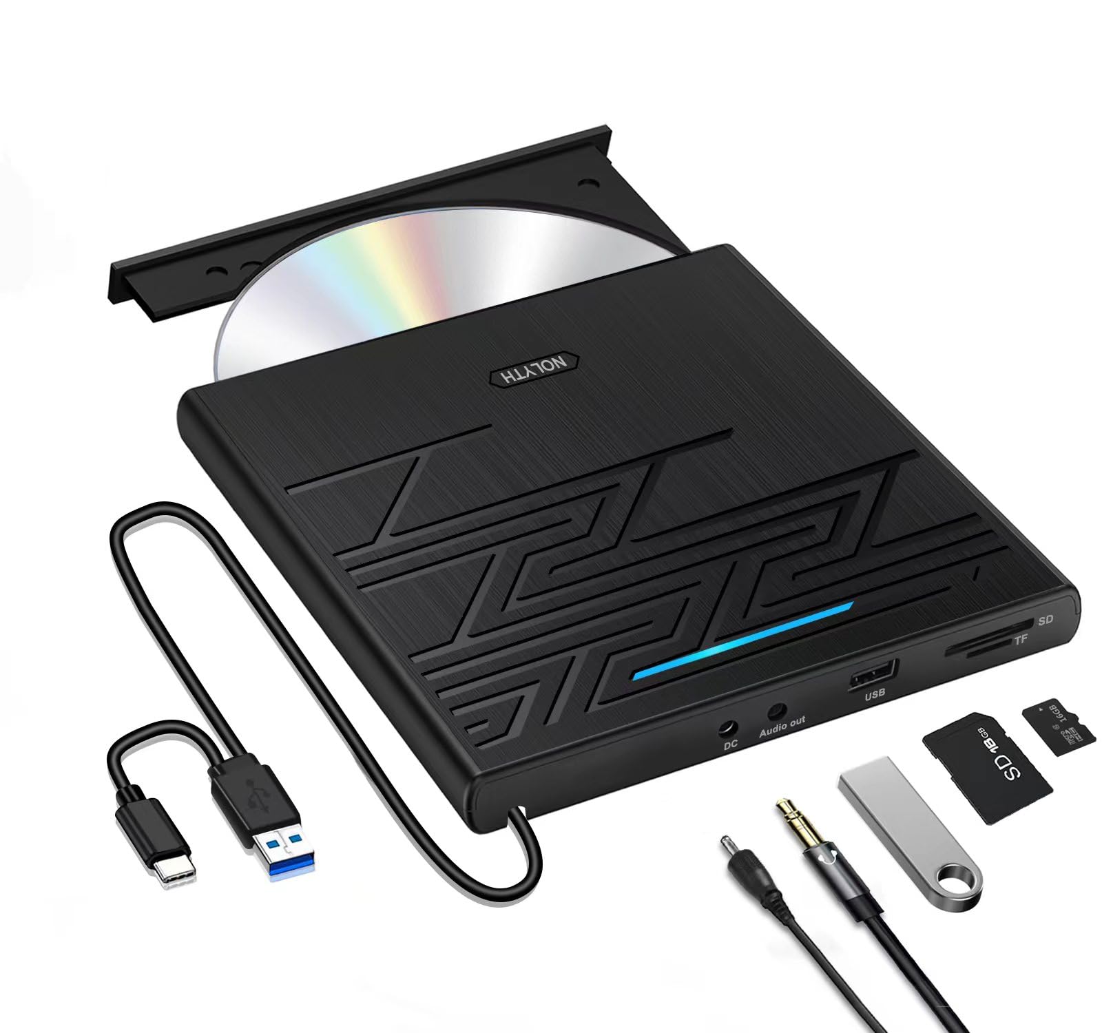 NOLYTH External CD DVD Drive: USB 3.0 DVD Player for Laptop MacBook Air/Pro with SD/TF/Audio/USB Ports - Plug & Play CD Burner for PC Windows 11/10 Mac