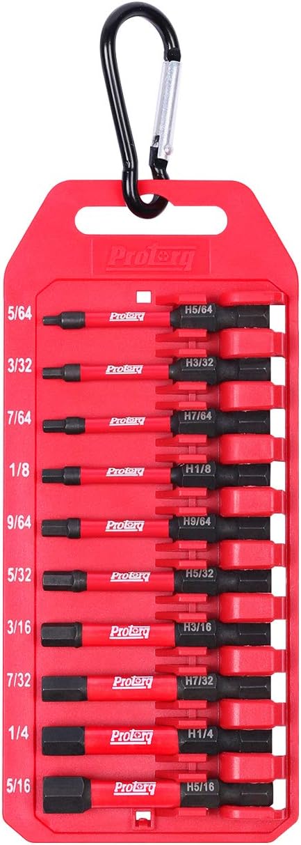 Protorq Impact Bit Set W/clip, Hex head drive bits, SAE, S2 Steel, 10-Piece, 2 Inch Length, Hex Head Allen Wrench Drill Bit Set, 1/4" Hex Shank-Prefect for IKEA Furniture - - 