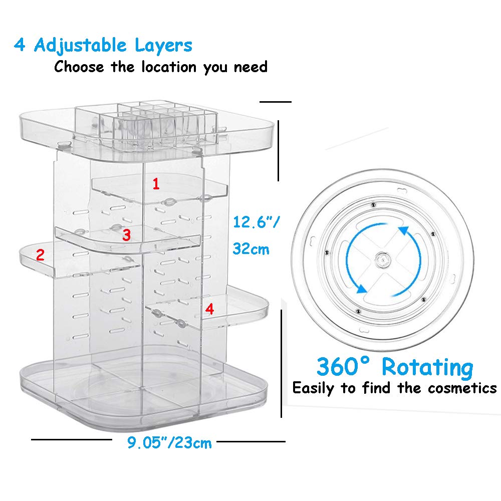 Makeup Organizer,Clear Transparent, Large Cosmetic Frame Storage Box,360 Degree Rotating Adjustable Cosmetic Storage Display Case,Fits Jewelry,Makeup Brushes, Lipsticks and More
