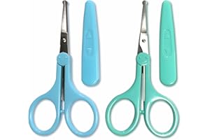KOOTINN 2-Pack Eyebrow Scissors, Precision Small Scissors for Facial, Nose, Eyebrow, Mustache, and Beard Hair Trimming & Grooming, Safety Edge, Long Cap (Blue and Green).