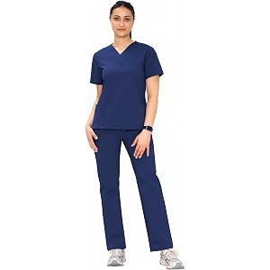 Scrubs for Women, V-Neck Top & Straight Leg Pants, 10 Pockets | Elastic Waist, Side Slits, Lightweight Soft Fabric, Medical,