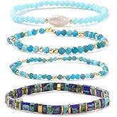 SHINUS BOHO Tila Flat Gemstone Pearl Beaded Stack Bracelets Set for Women, 4Pcs Trendy Handmade Miyuki Glass Beads Stretch Bracelet Festive Holiday Accessories Jewelry Gift.