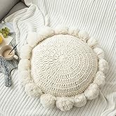 Adory Sweety Knitted Throw Pillow Round Couch Pillow Sofa Cute Cushion Handmade Pompoms Decorative Plush Pillow (Beige, Diameter 18inches)