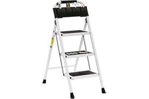 3 Step Ladder EFFIELER Folding Step Stool with Wide Anti-Slip Pedal, 500 lbs Sturdy Steel Ladder, Convenient Handgrip, Lightweight, Portable Steel Step Stool for Household, Kitchen (White)