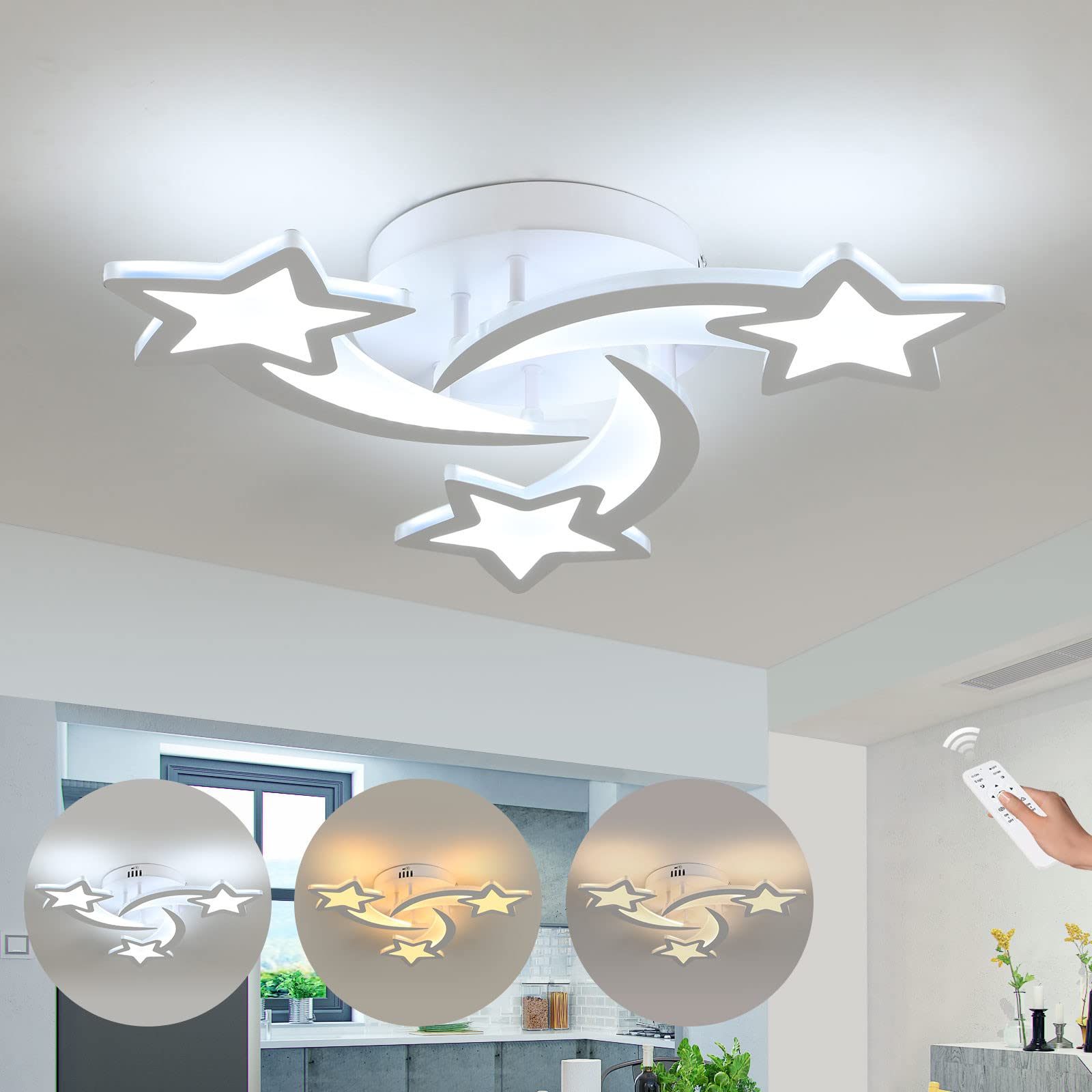 Comely LED Ceiling Light Dimmable, 30W Modern Bedroom Ceiling Lights with Remote Control, Creative Star Design White Chandelier for Living Room, Children's Room, Dining Room — image 1