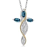 Cross Necklace For Women In 925 Silver and 10K Yellow Gold with Lab Grown Diamond and London Blue Topaz | 1.46 Cttw | Jesus Christian Religious Crucifix | Marquise Cut 8X4MM | With 18 Inch Chain