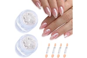 FSpronail Moonlight White Chrome Nail Powder, 2Pcs Pearl Chrome for Glazed Donut Nails Clear Cromer Powder Pearlescent Mirror Effect Shimmer Glitter Aurora Pigment Dust Manicure Decoration