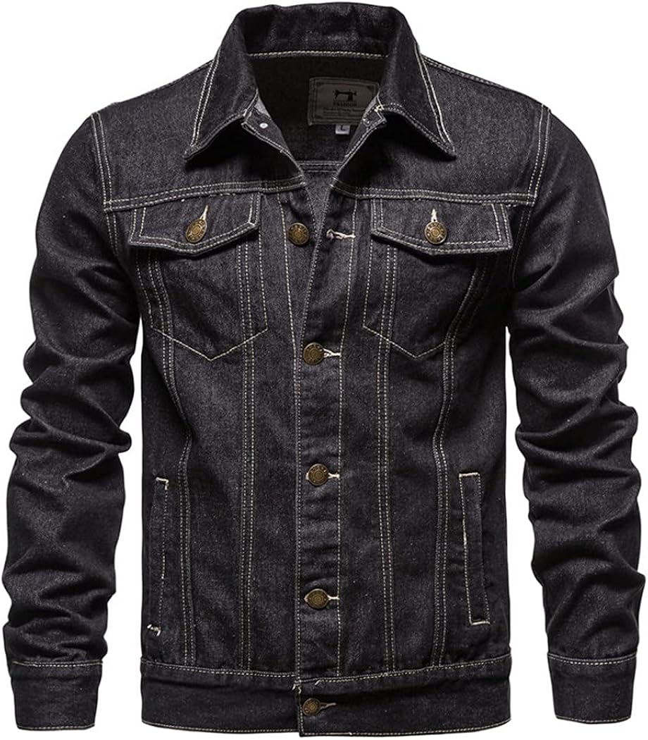 LOIUYBM Solid Casual Cotton Denim Jacket, Men Plus Size Lapel Single Breasted Jeans Jacket