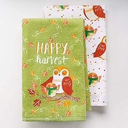 See Harvest Season 2-pack Fall Thanksgiving Kitchen Dish Towels with Autumn Owls Details