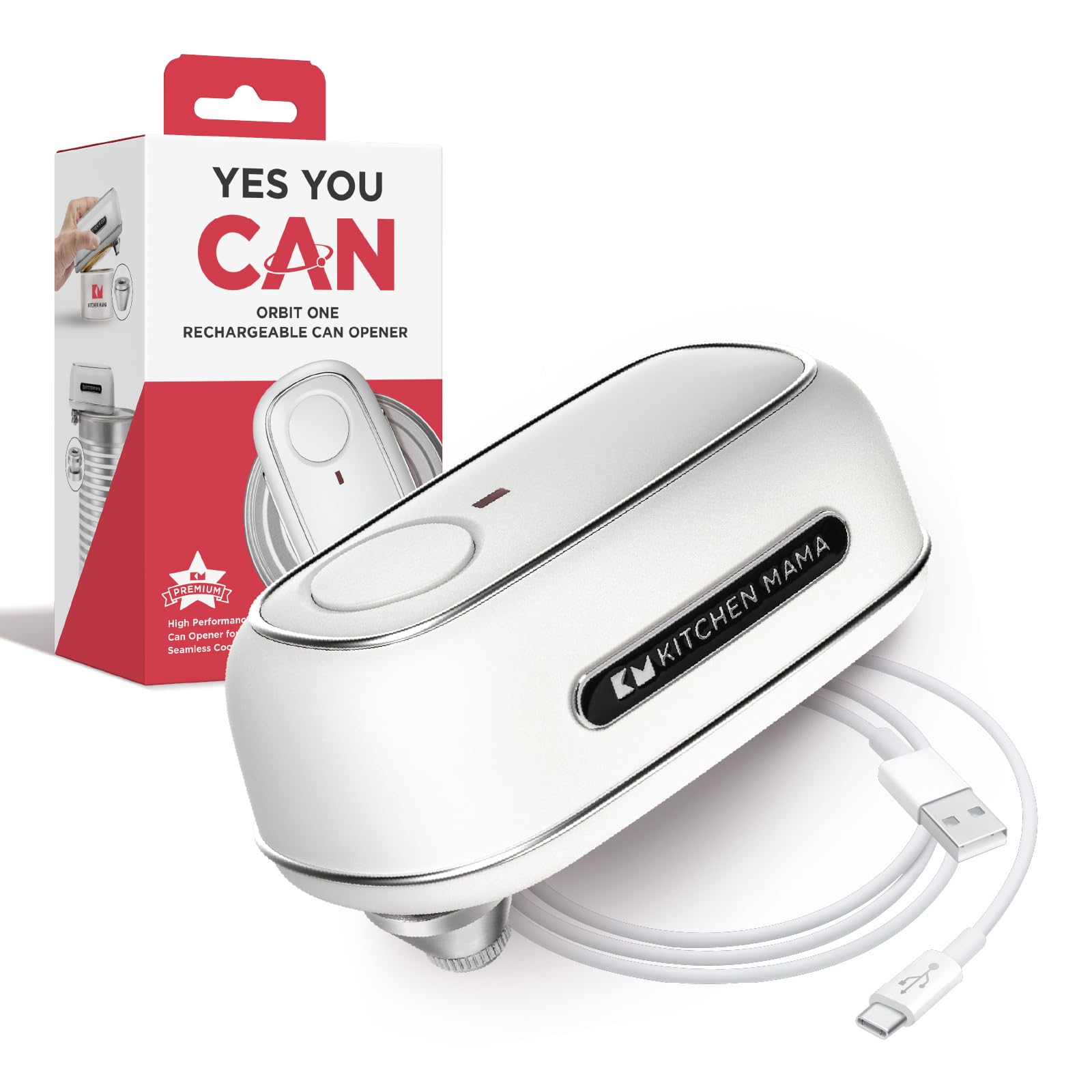 Kitchen Mama Orbit One Rechargeable Can Opener: Hands-Free Operation, Type-C Charging, Automatic Shut-Off, Smooth Edge, Professional-Grade Blade for Large Cans, Includes Elegant Storage Box (White)