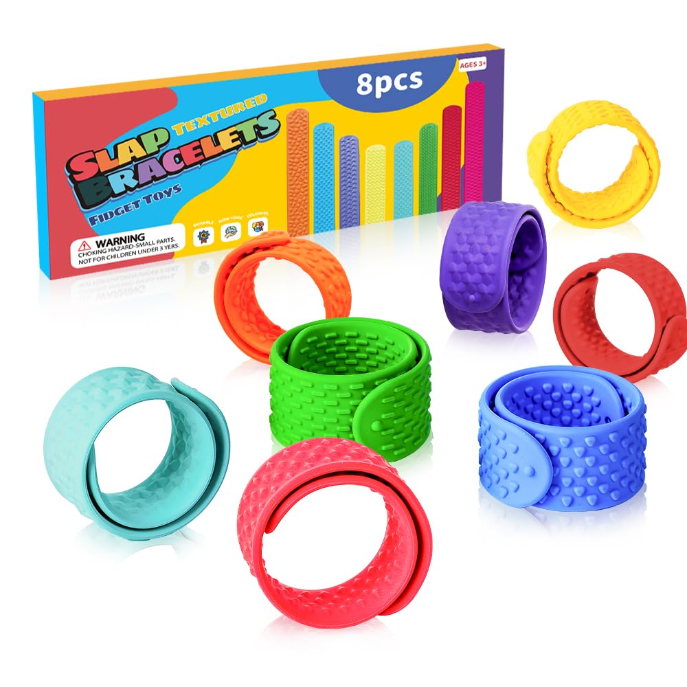 8 Pcs Wearable Sensory Slap Bracelets, Textured Silicone Fidget Toys for Autism & ADHD Anxiety Relief, Calming Toys for Kids & Adults, Travel Airplane & Office Desk Essentials