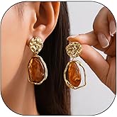 Vivian&CD 14K Gold Dainty Chunky Statement Crystal Drop Dangle Earrings for Women, Brown Amber Drop Irregular Design Hypoallergenic Lightweight Vintage Earrings Jewelry Gift